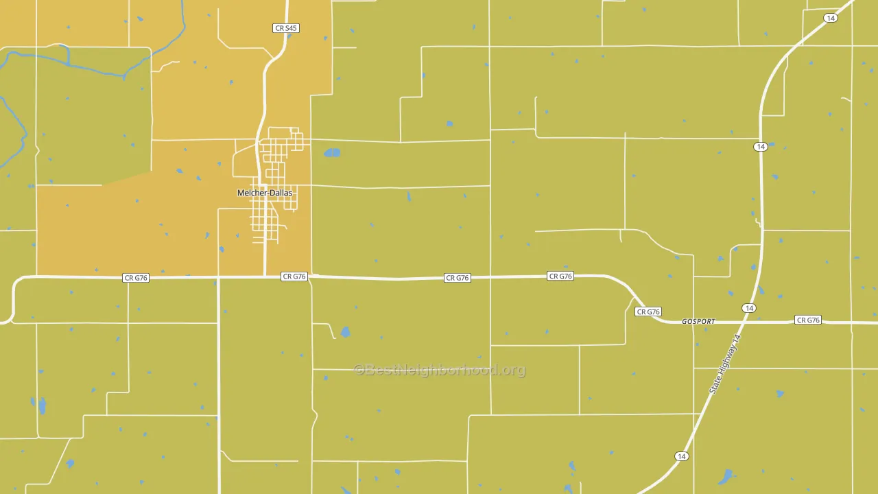 Map of the best neighborhoods in the Melcher area, with better matches in green and worse matches in red