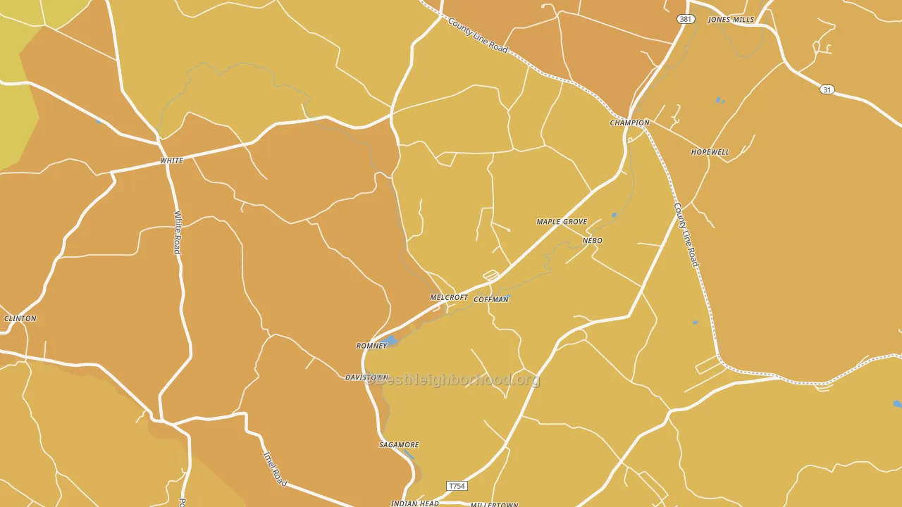 Map of the best neighborhoods in the Melcroft area, with better matches in green and worse matches in red