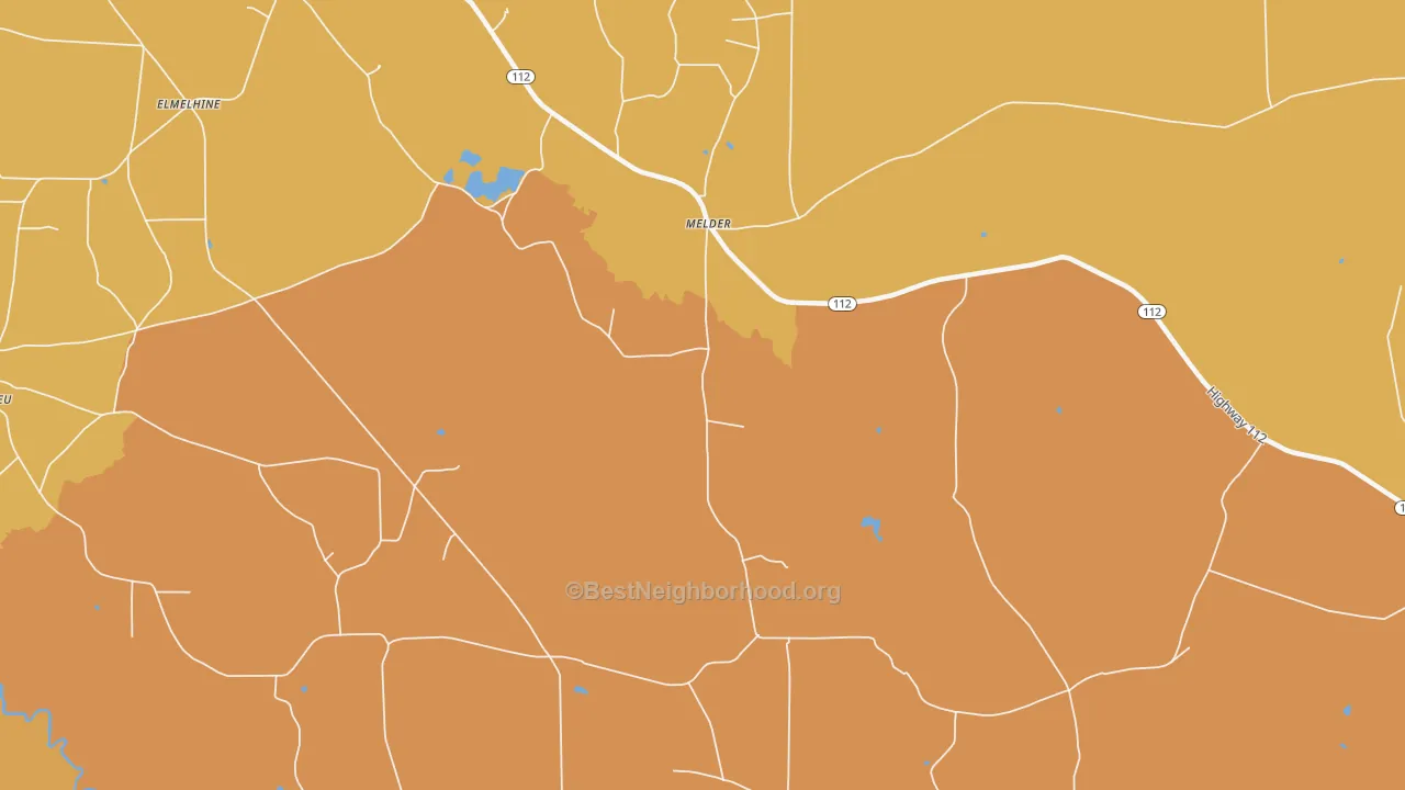 Map of the best neighborhoods in the Melder area, with better matches in green and worse matches in red