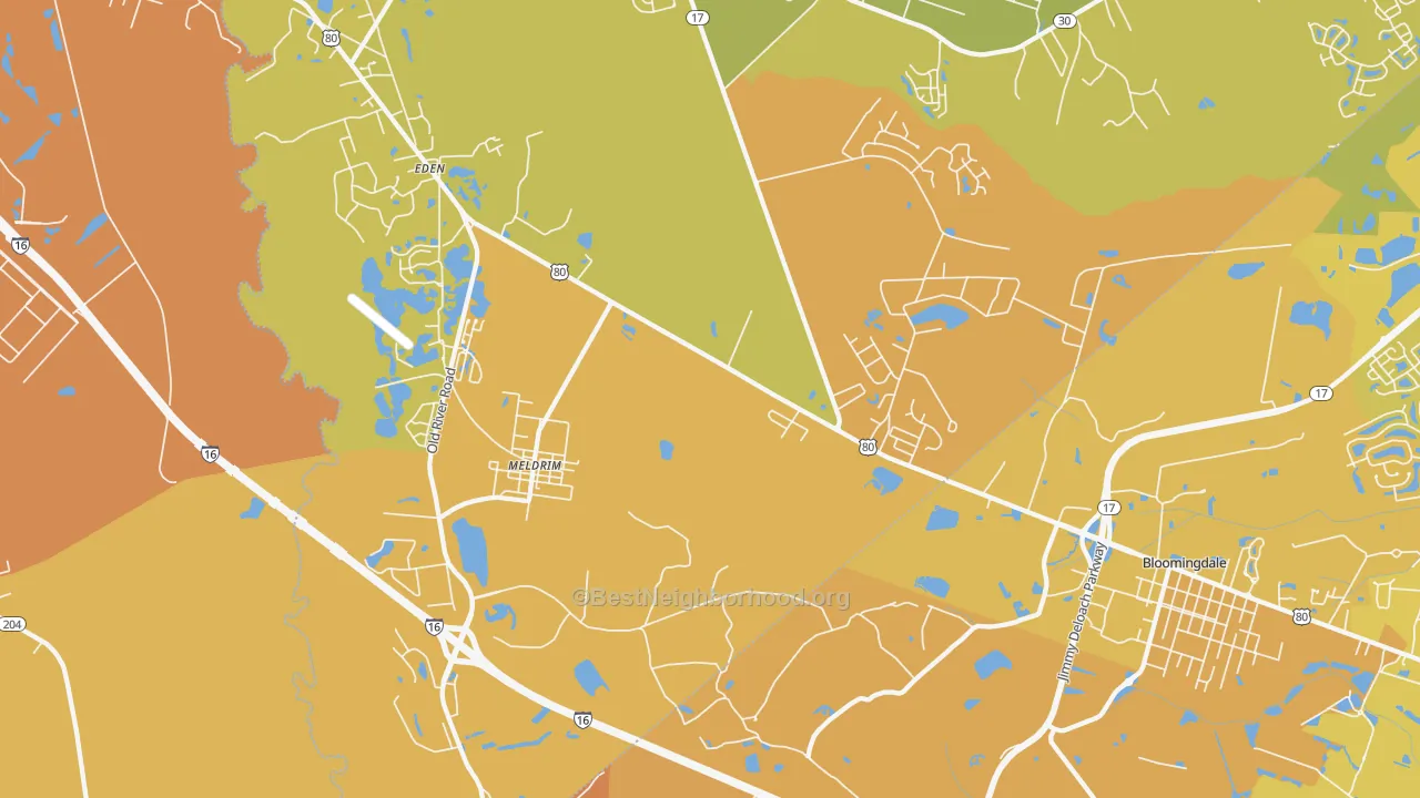 Map of the best neighborhoods in the Meldrim area, with better matches in green and worse matches in red