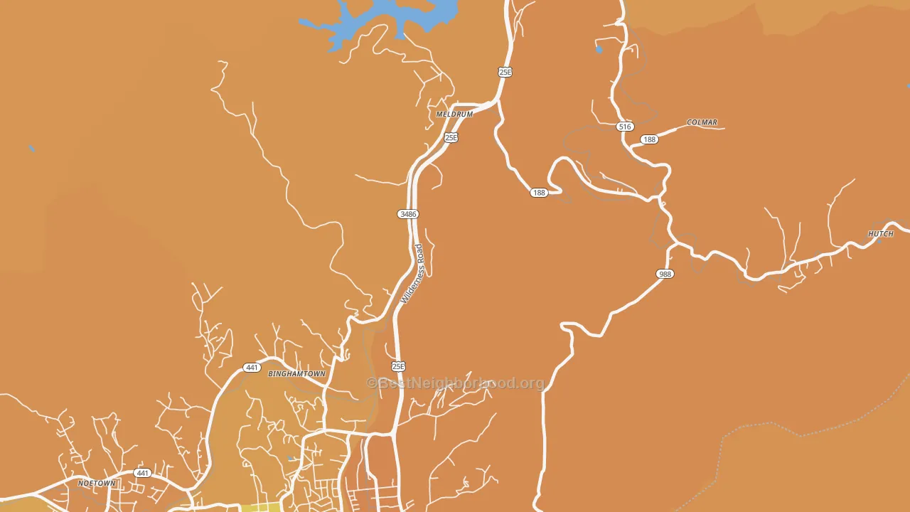 Map of the best neighborhoods in the Meldrum area, with better matches in green and worse matches in red