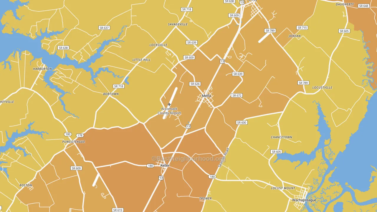 Map of the best neighborhoods in the Melfa area, with better matches in green and worse matches in red