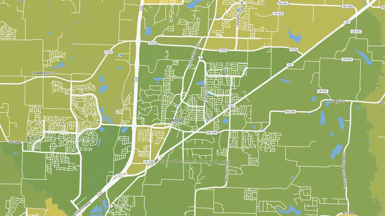 Map of the best neighborhoods in the Melissa area, with better matches in green and worse matches in red