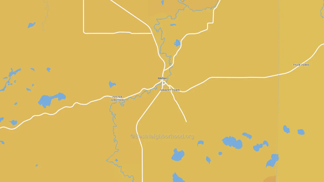 Map of the best neighborhoods in the Mellen area, with better matches in green and worse matches in red