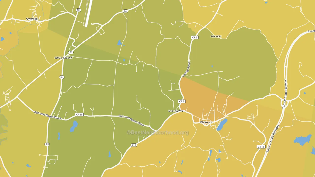 Map of the best neighborhoods in the Mellenville area, with better matches in green and worse matches in red