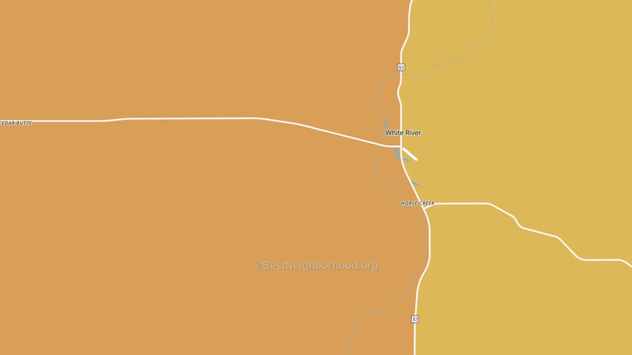 Map of the best neighborhoods in the Mellette County area, with better matches in green and worse matches in red