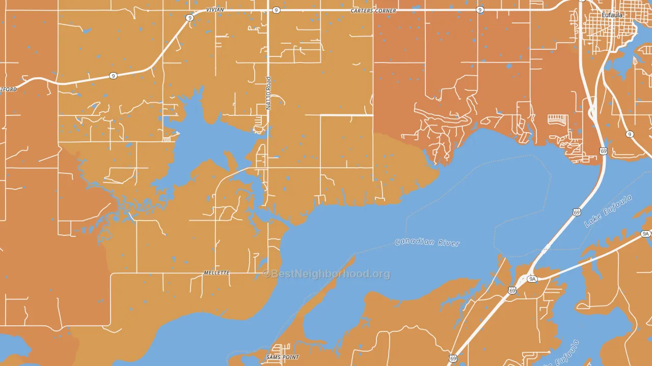 Map of the best neighborhoods in the Mellette area, with better matches in green and worse matches in red