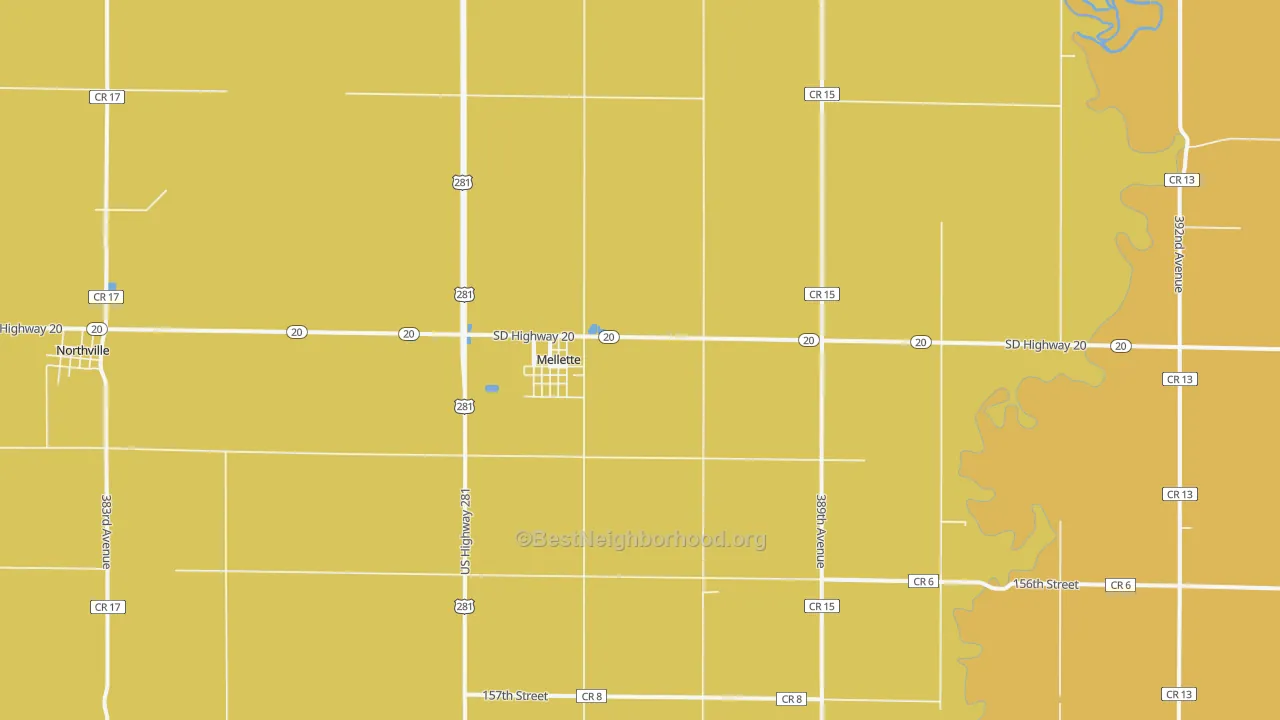 Map of the best neighborhoods in the Mellette area, with better matches in green and worse matches in red