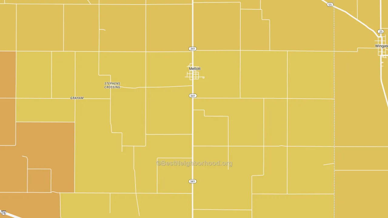 Map of the best neighborhoods in the Mellott area, with better matches in green and worse matches in red