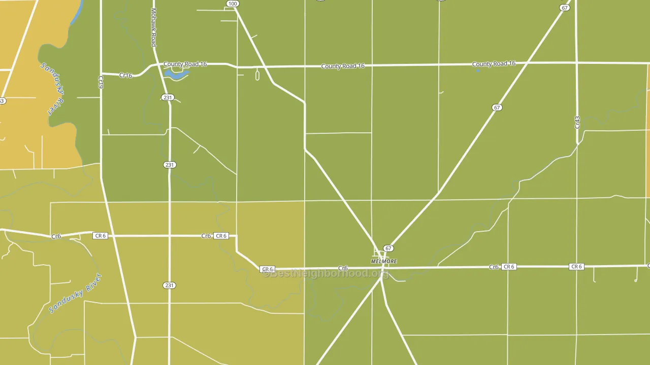 Map of the best neighborhoods in the Melmore area, with better matches in green and worse matches in red