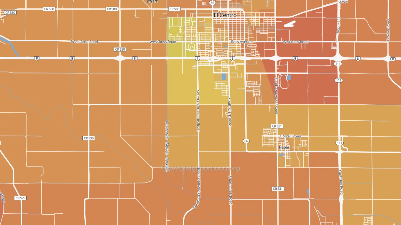Map of the best neighborhoods in the Meloland area, with better matches in green and worse matches in red