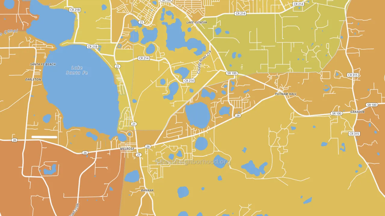 Map of the best neighborhoods in the Melrose area, with better matches in green and worse matches in red