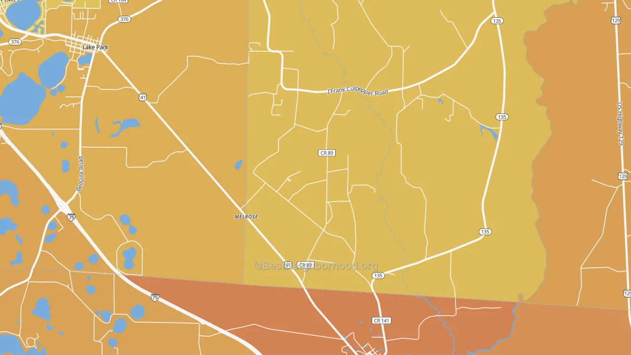 Map of the best neighborhoods in the Melrose area, with better matches in green and worse matches in red