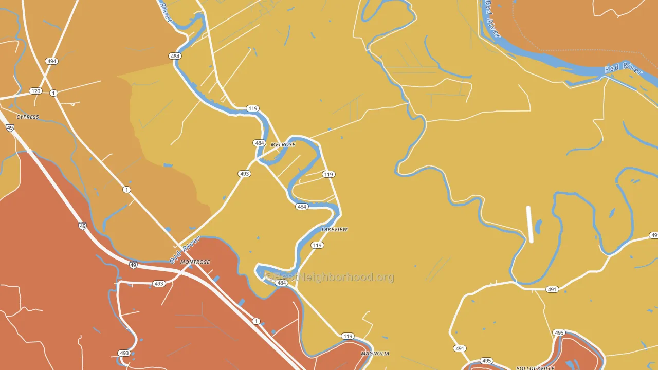 Map of the best neighborhoods in the Melrose area, with better matches in green and worse matches in red