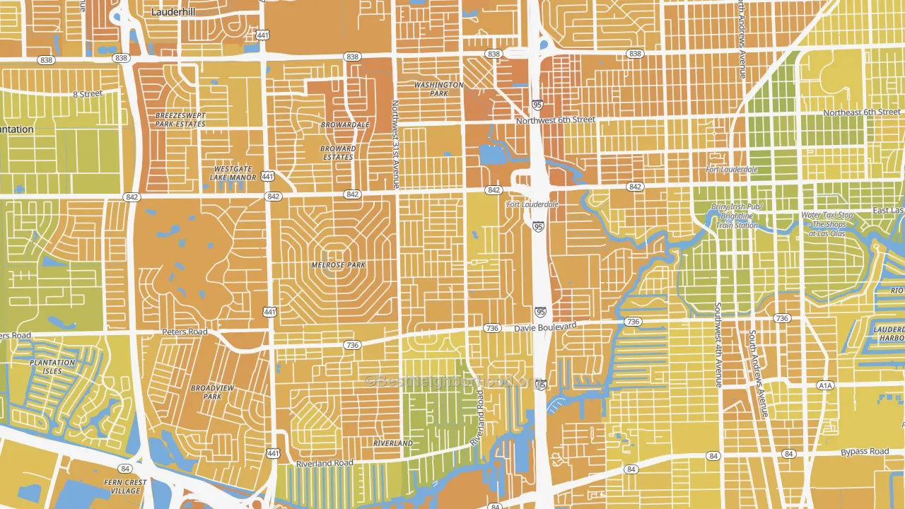 Map of the best neighborhoods in the Melrose Manors, Fort Lauderdale area, with better matches in green and worse matches in red