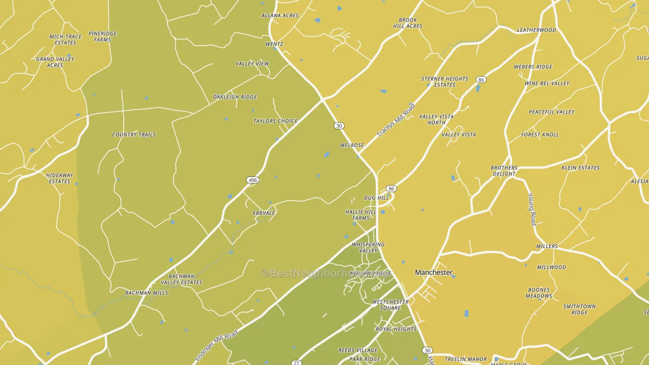 Map of the best neighborhoods in the Melrose area, with better matches in green and worse matches in red
