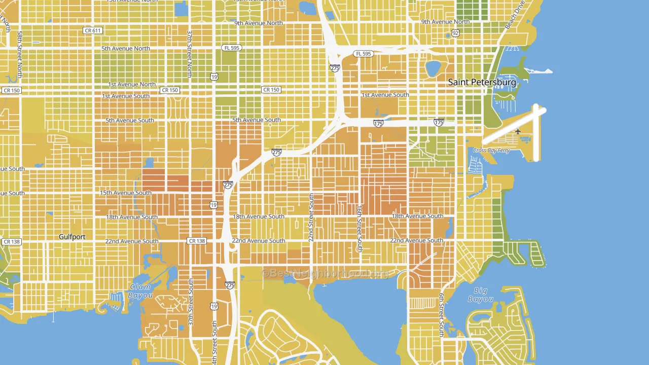 Map of the best neighborhoods in the Melrose Mercy, St. Petersburg area, with better matches in green and worse matches in red