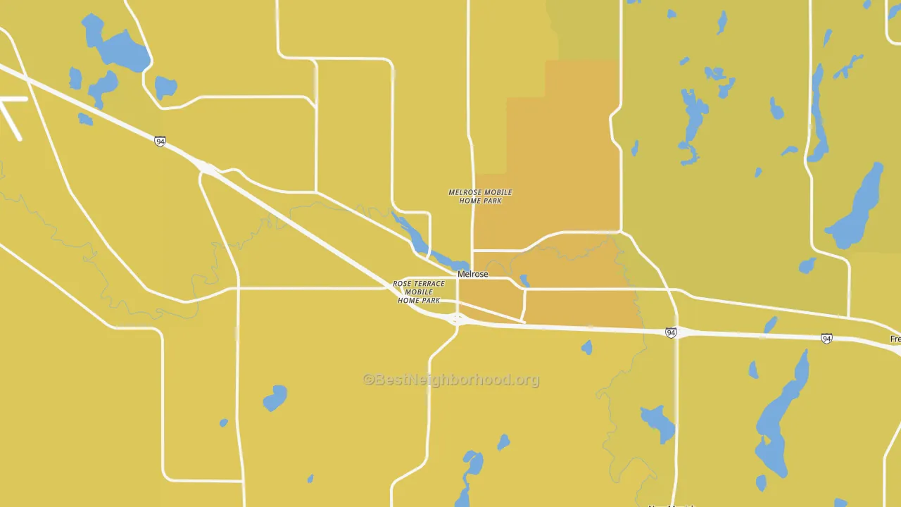 Map of the best neighborhoods in the Melrose area, with better matches in green and worse matches in red