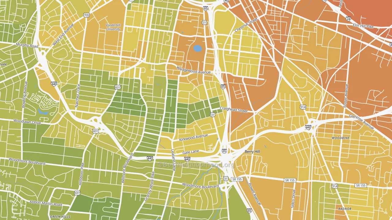 Map of the best neighborhoods in the Melrose, Nashville area, with better matches in green and worse matches in red