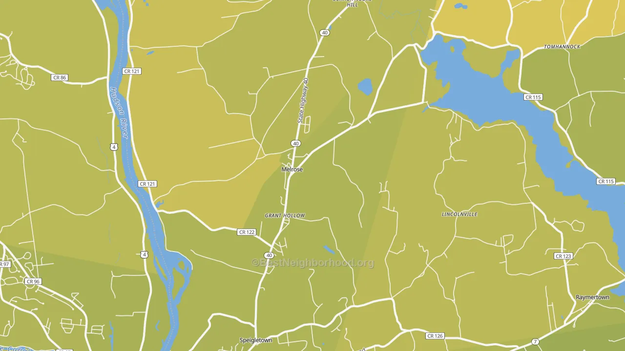 Map of the best neighborhoods in the Melrose area, with better matches in green and worse matches in red