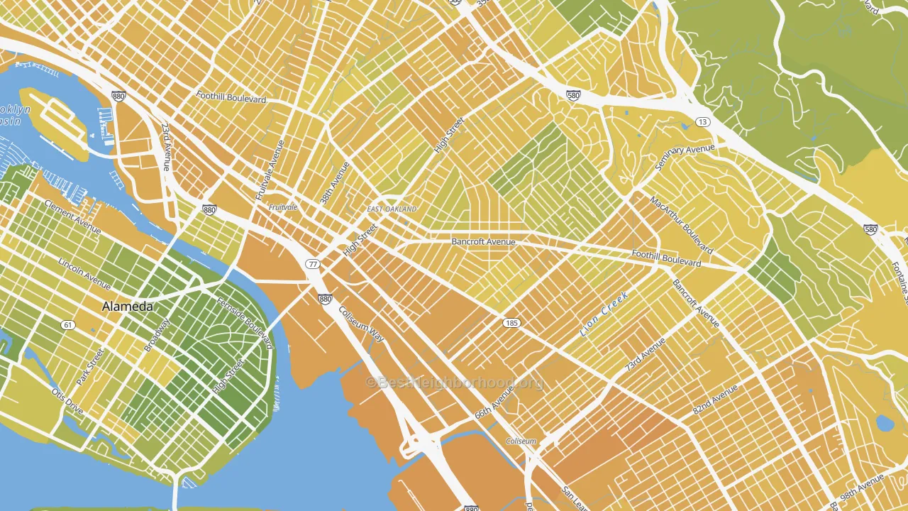 Map of the best neighborhoods in the Melrose, Oakland area, with better matches in green and worse matches in red