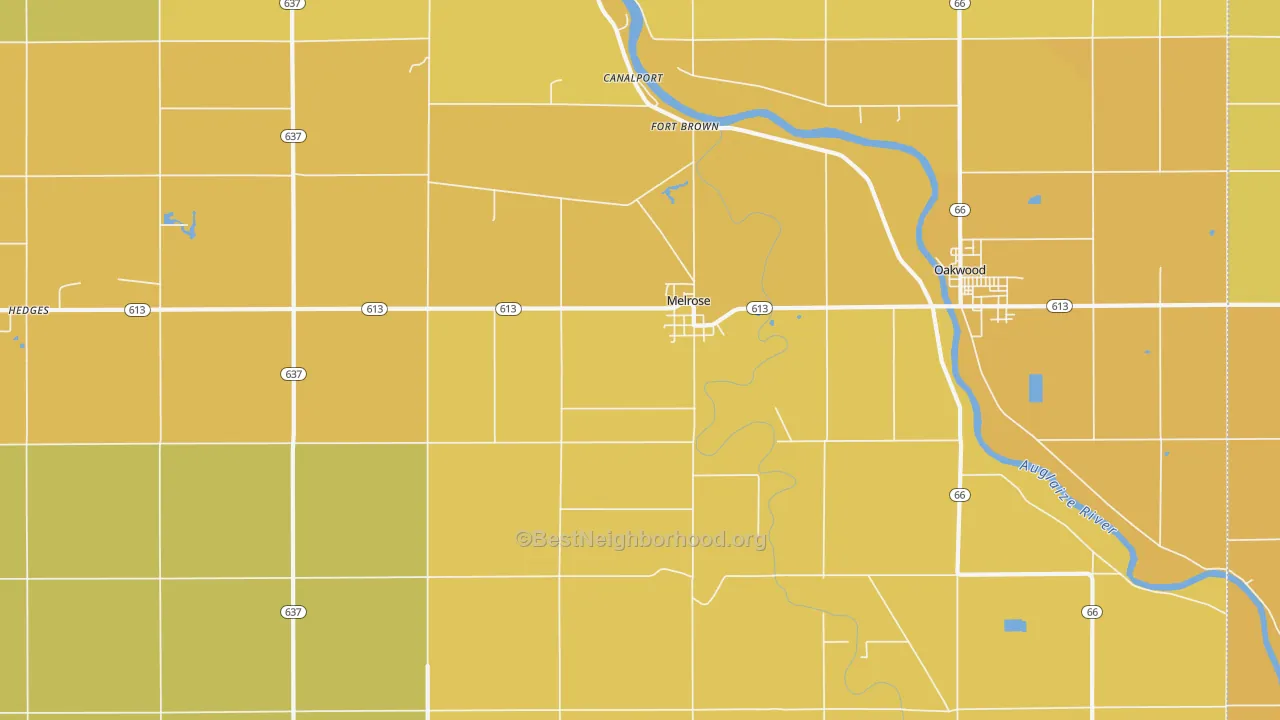 Map of the best neighborhoods in the Melrose area, with better matches in green and worse matches in red