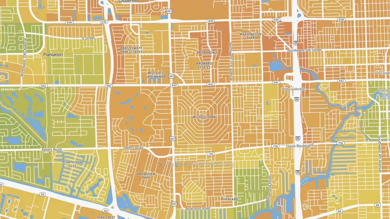 Map of the best neighborhoods in the Melrose Park, Fort Lauderdale area, with better matches in green and worse matches in red