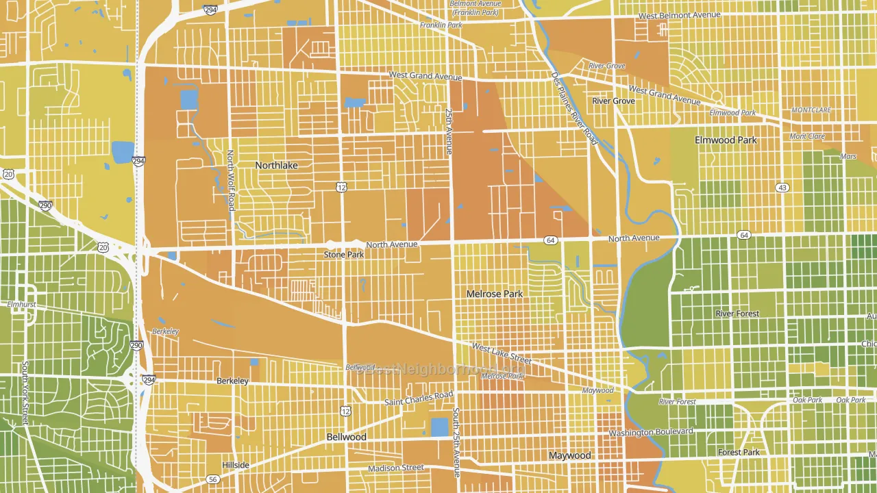 Map of the best neighborhoods in the Melrose Park area, with better matches in green and worse matches in red