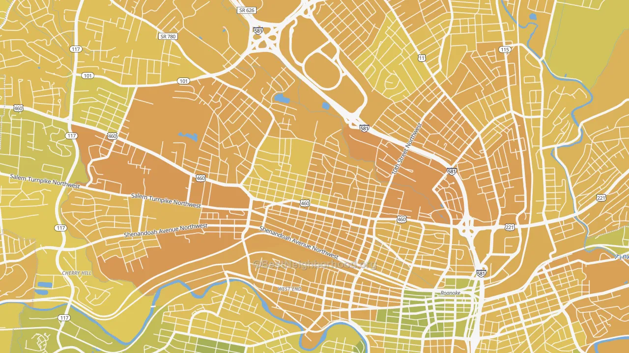 Map of the best neighborhoods in the Melrose-Rugby, Roanoke area, with better matches in green and worse matches in red