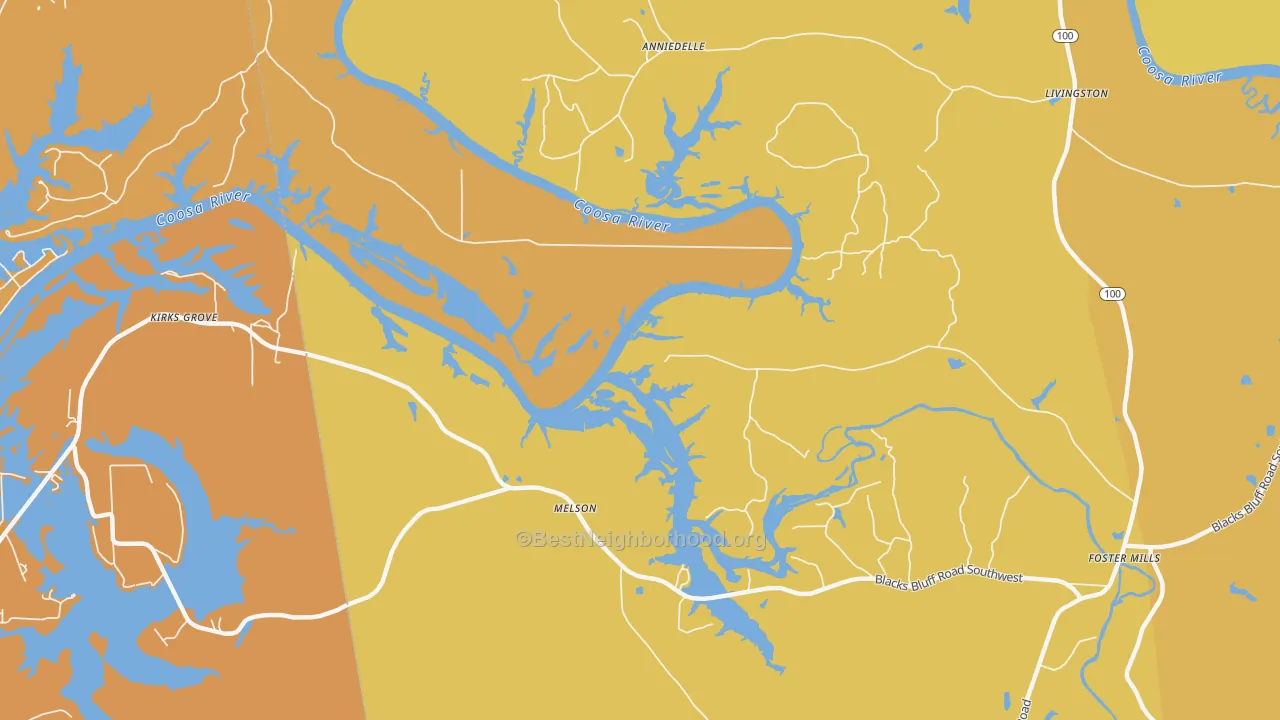 Map of the best neighborhoods in the Melson area, with better matches in green and worse matches in red