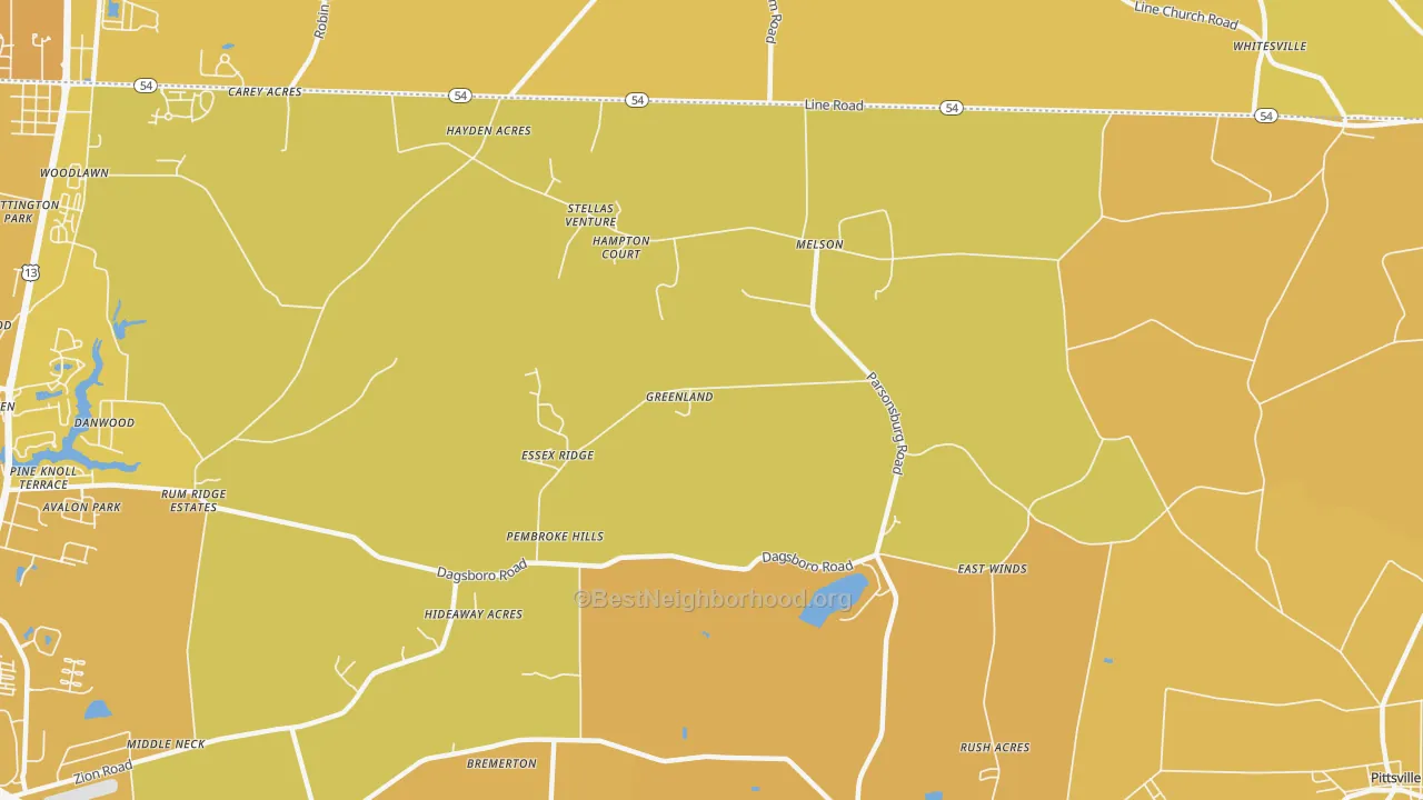 Map of the best neighborhoods in the Melson area, with better matches in green and worse matches in red