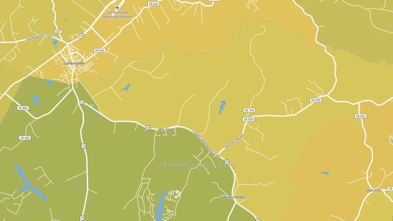 Map of the best neighborhoods in the Melton area, with better matches in green and worse matches in red