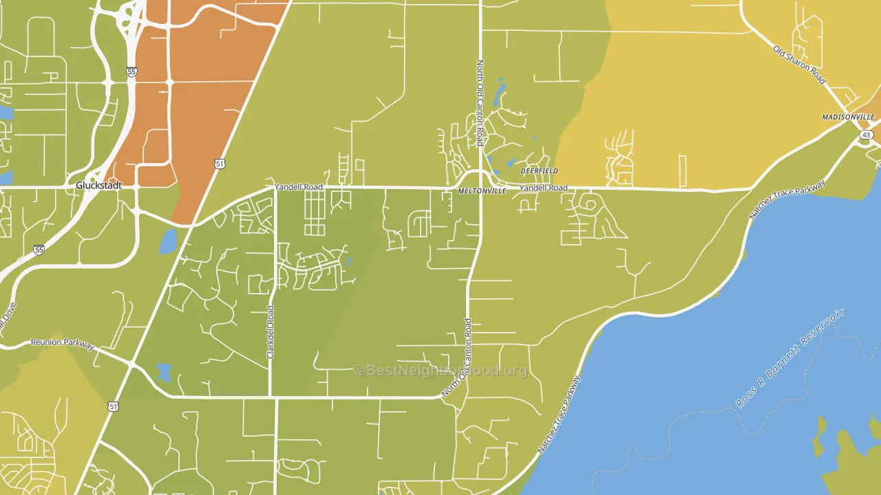 Map of the best neighborhoods in the Meltonville area, with better matches in green and worse matches in red