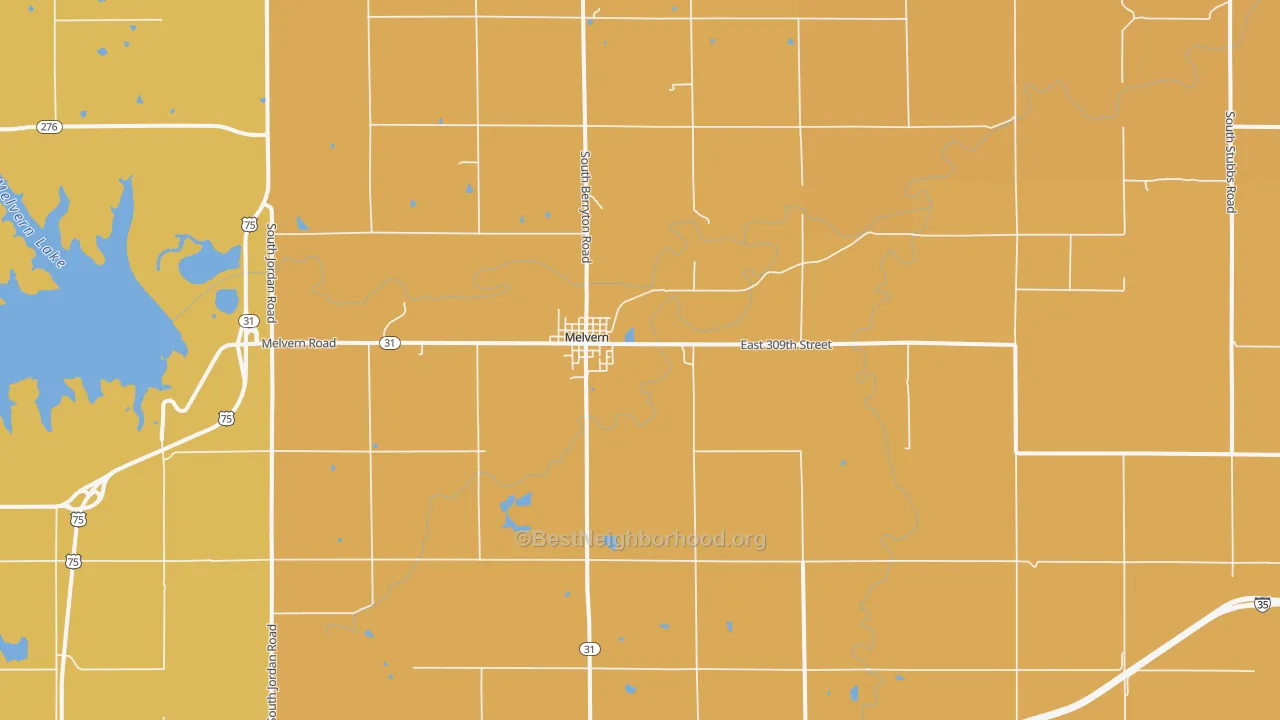 Map of the best neighborhoods in the Melvern area, with better matches in green and worse matches in red