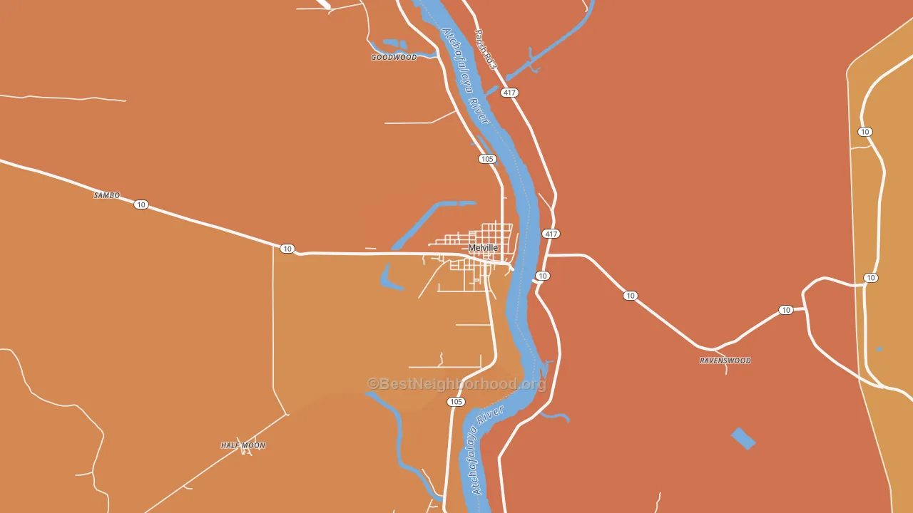 Map of the best neighborhoods in the Melville area, with better matches in green and worse matches in red
