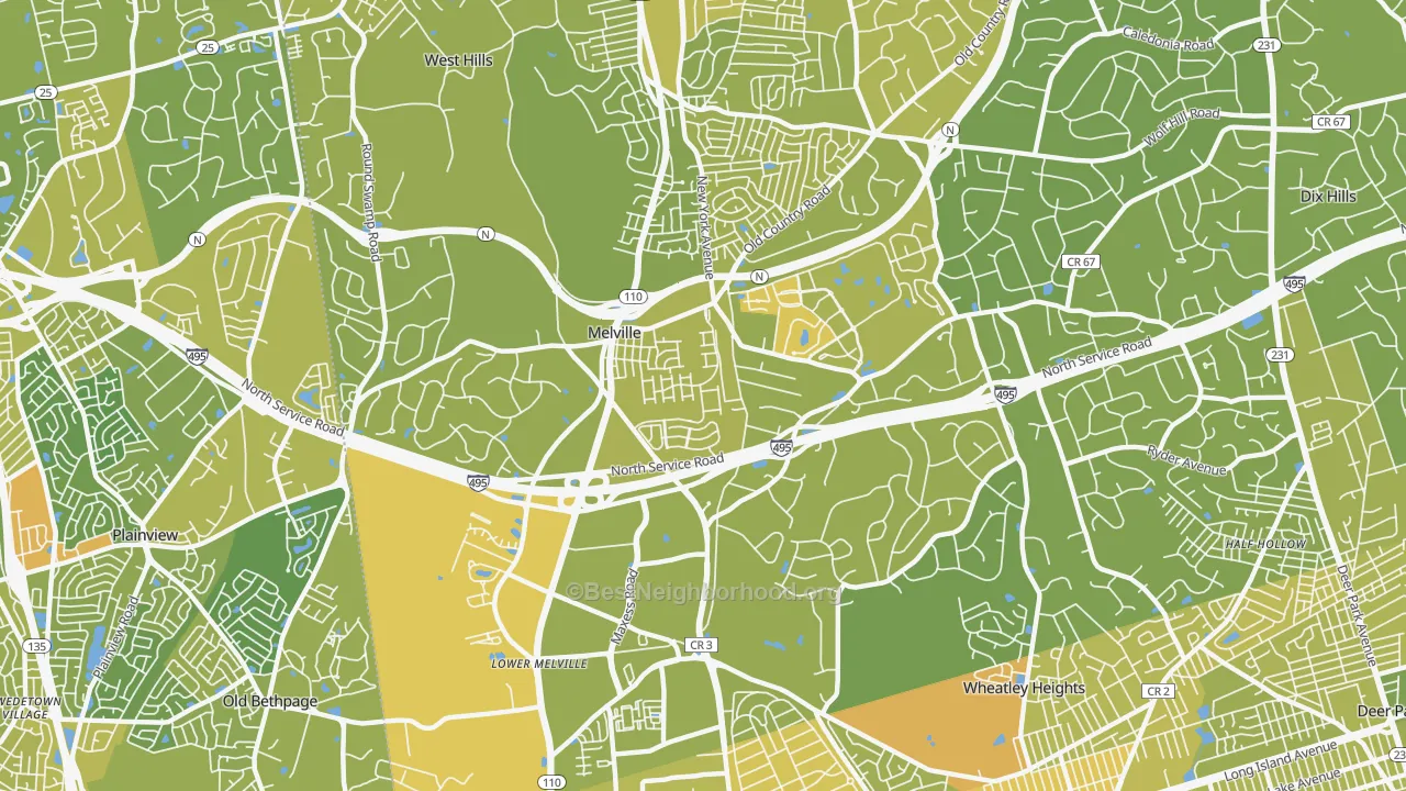 Map of the best neighborhoods in the Melville area, with better matches in green and worse matches in red