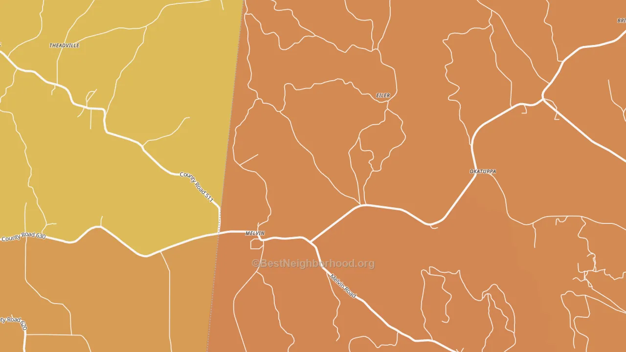 Map of the best neighborhoods in the Melvin area, with better matches in green and worse matches in red