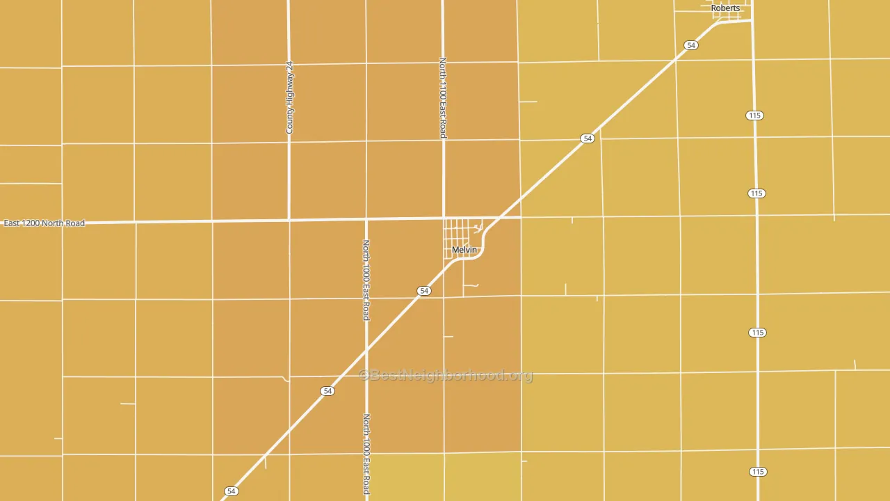 Map of the best neighborhoods in the Melvin area, with better matches in green and worse matches in red