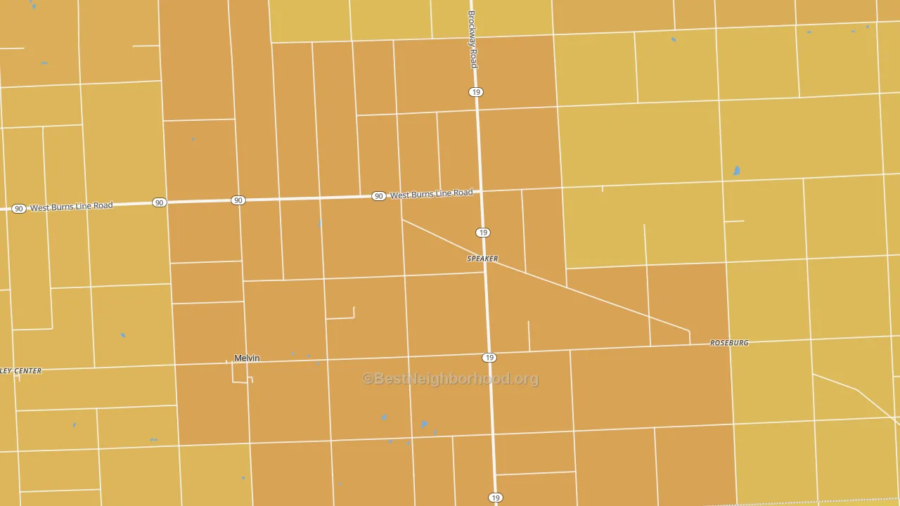 Map of the best neighborhoods in the Melvin area, with better matches in green and worse matches in red
