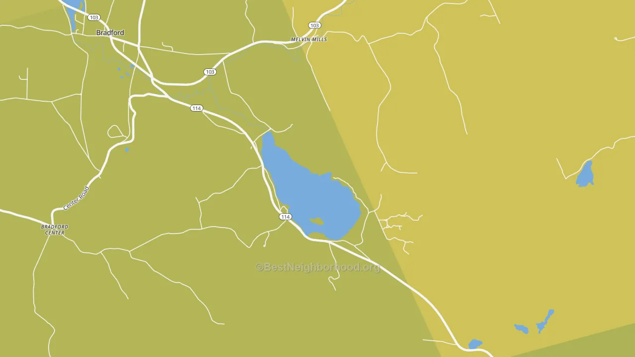 Map of the best neighborhoods in the Melvin Mills area, with better matches in green and worse matches in red