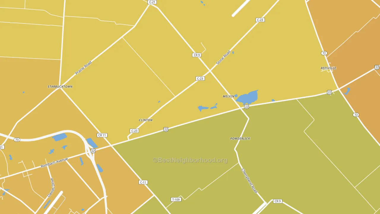 Map of the best neighborhoods in the Melvin area, with better matches in green and worse matches in red