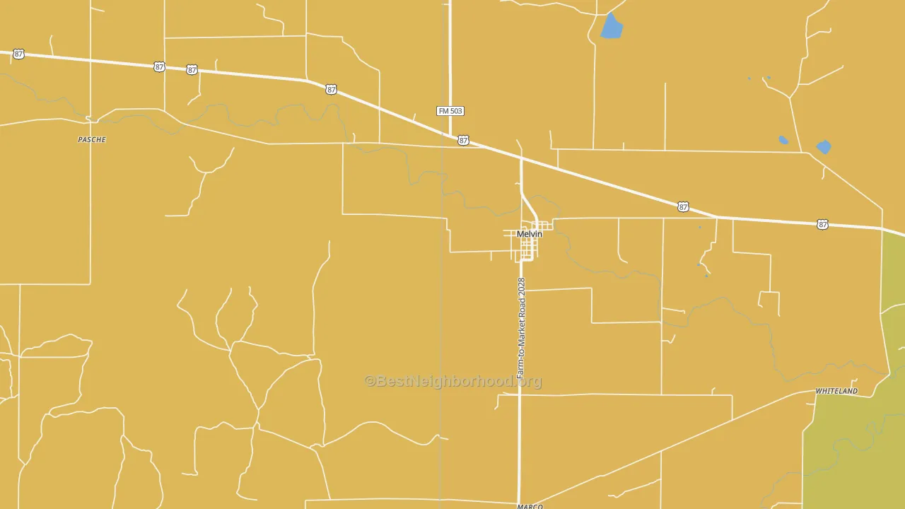 Map of the best neighborhoods in the Melvin area, with better matches in green and worse matches in red