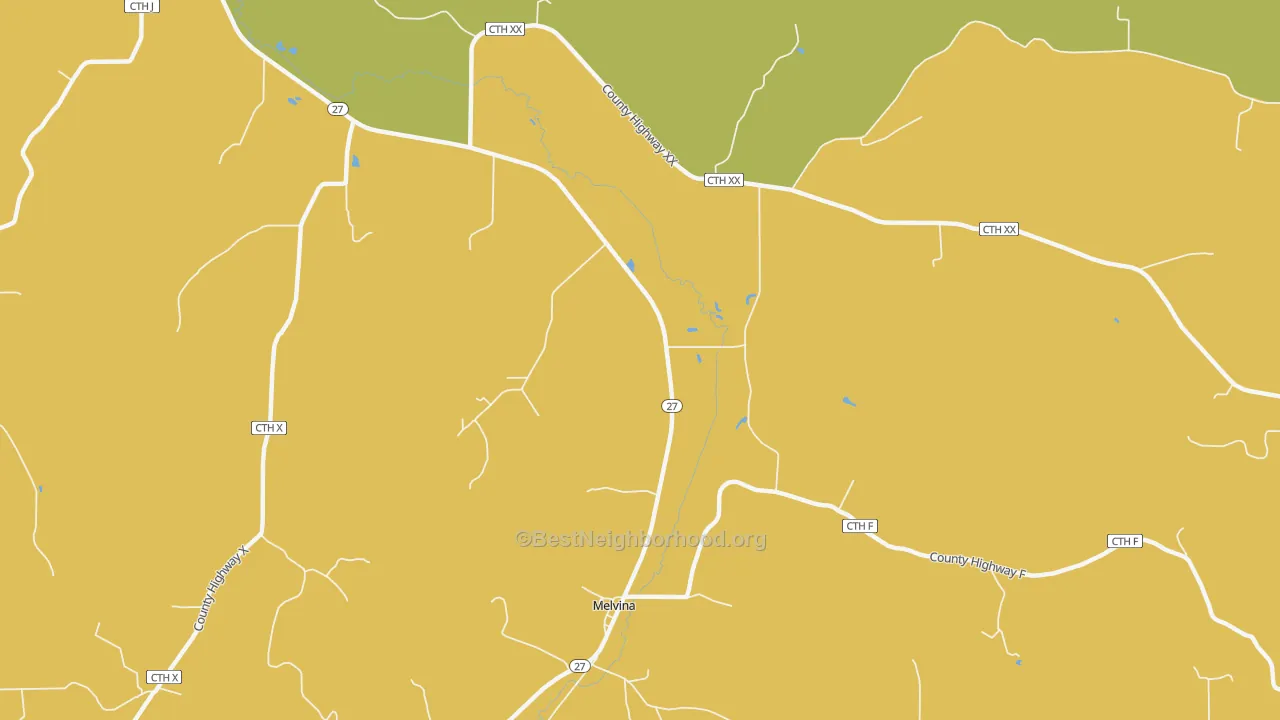 Map of the best neighborhoods in the Melvina area, with better matches in green and worse matches in red