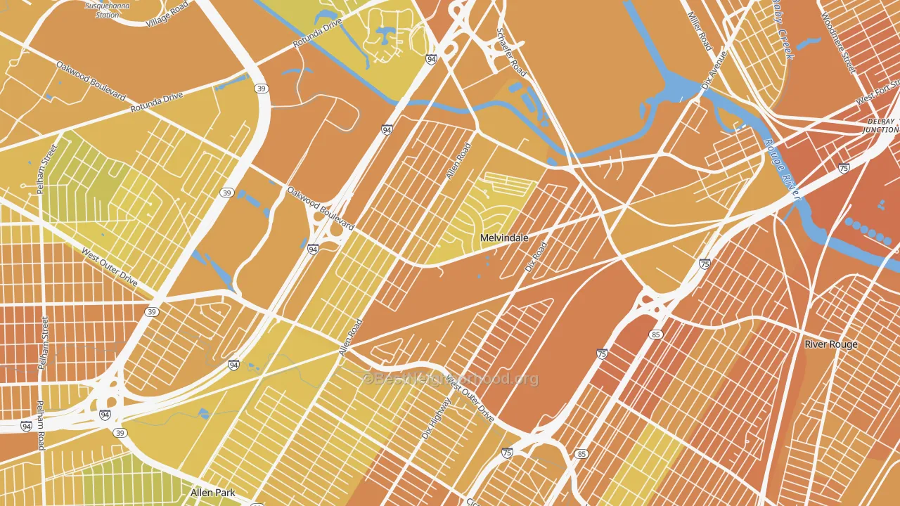 Map of the best neighborhoods in the Melvindale area, with better matches in green and worse matches in red