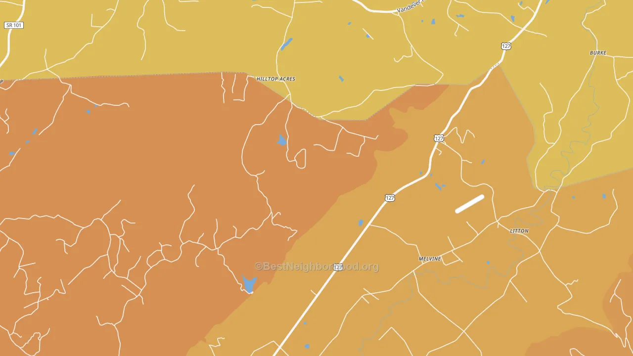 Map of the best neighborhoods in the Melvine area, with better matches in green and worse matches in red
