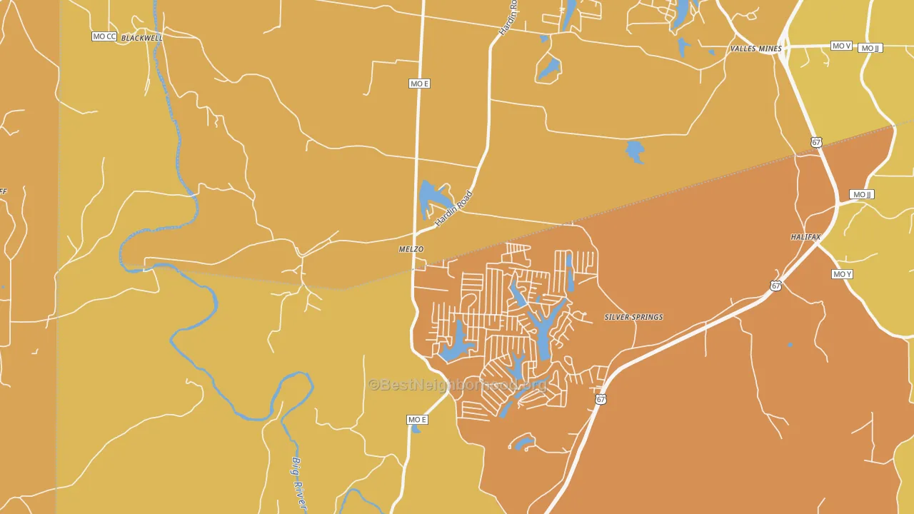 Map of the best neighborhoods in the Melzo area, with better matches in green and worse matches in red
