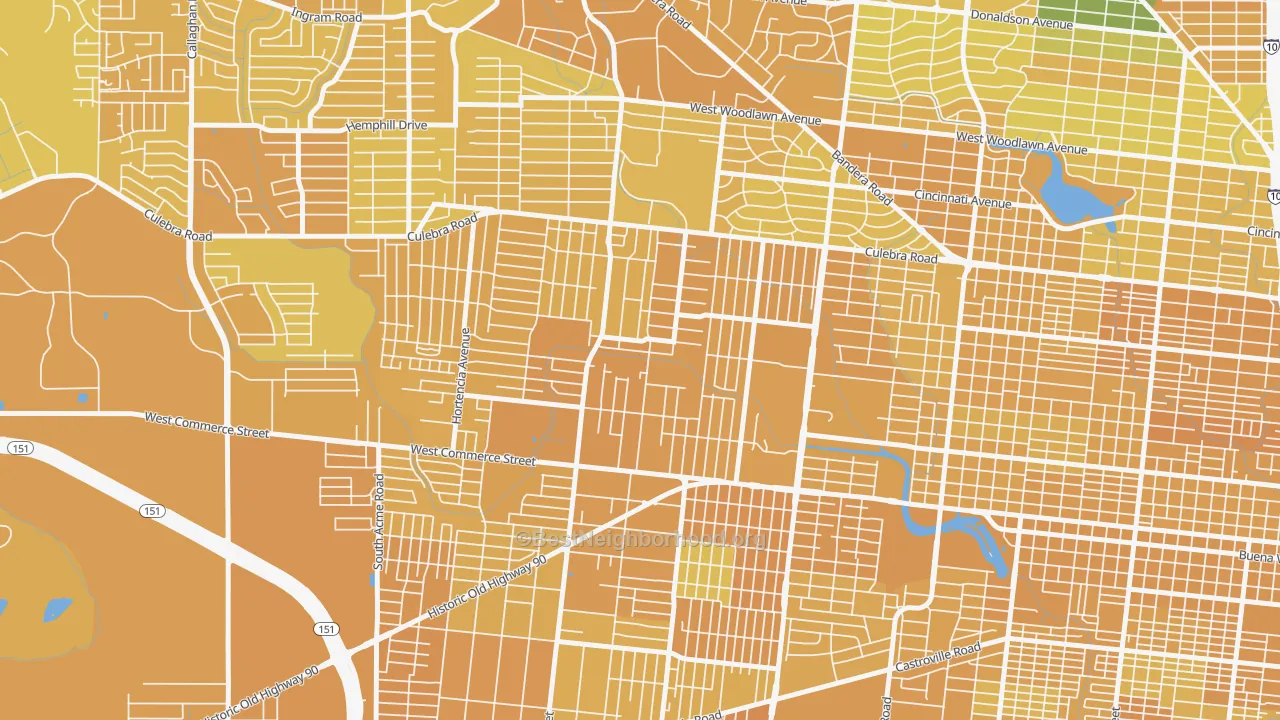Map of the best neighborhoods in the Memorial Heights, San Antonio area, with better matches in green and worse matches in red