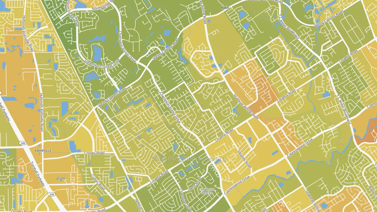 Map of the best neighborhoods in the Memorial Northwest, Spring area, with better matches in green and worse matches in red