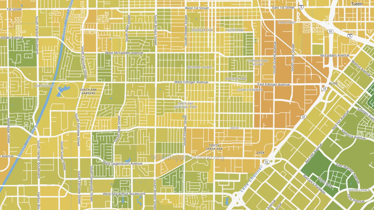 Map of the best neighborhoods in the Memorial Park, Santa Ana area, with better matches in green and worse matches in red