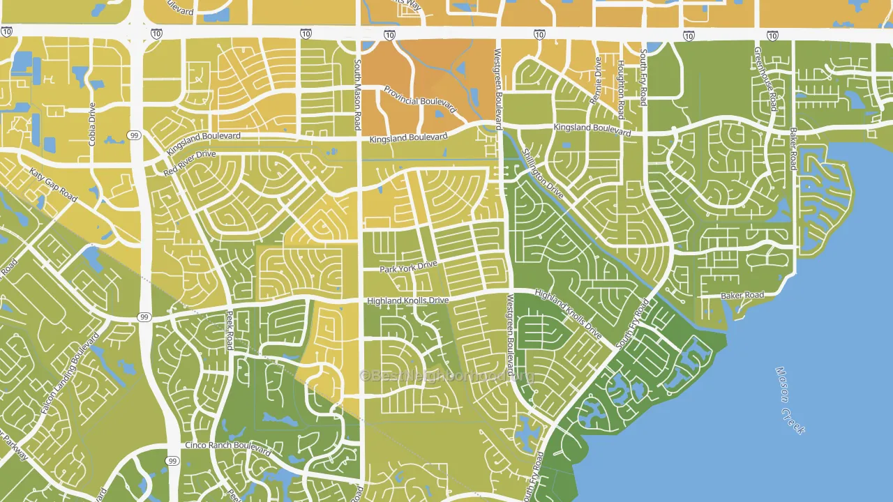 Map of the best neighborhoods in the Memorial Parkway, Katy area, with better matches in green and worse matches in red